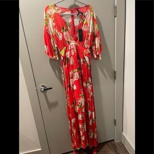 Long red floral BCBG dress